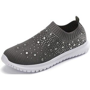 Women's Mesh Walking Shoes Rhinestone Glitter Slip On Ballroom Sneakers Grey